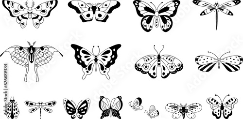 Isolated abstract butterflies black silhouettes. Butterfly decorative graphics, mystic nature tattoo stylized design. Nowaday vector elements