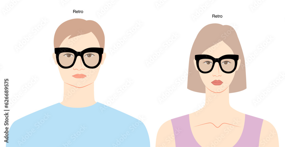 Retro frame glasses on women and men flat character fashion accessory illustration. Sunglass front view unisex silhouette style, rim spectacles eyeglasses, lens sketch style outline isolated on white Retro frame glasses on women and men flat character fashion accessory illustration. Sunglass front view unisex silhouette style, rim spectacles eyeglasses, lens sketch style outline isolated on white