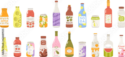 Soda drinks bottles and cans set. Refreshment drink, beverages in bottle. Energy and alcoholic, beer and lemonade. Snugly vector collection