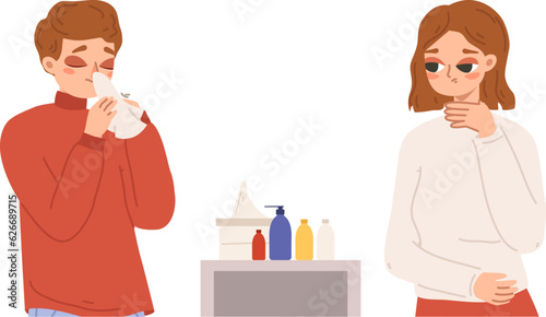Sick characters and medications. Girl and boy ill, virus or flu. Influenza or allergy seasonal. Autumn cold, runny nose and sore throat vector concept