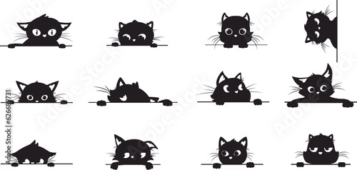 Black cat peeking, spy cats pets from corner. Creative kitty graphic silhouettes with big eyes. Peek kittens, looking and playful snugly vector stickers