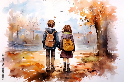Schoolboy and schoolgirl with backpacks go to school on autumn day. Back to school concept. Generative AI.