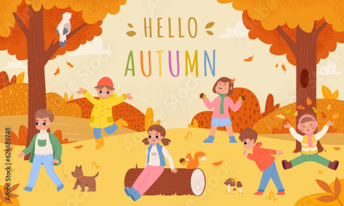 Autumn forest landscape with children. Funny child gathering leaves, fall season in park. Girl and squirrel, mushrooms and snugly nature vector scene