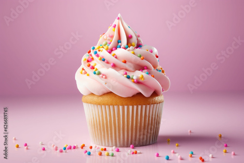 Tasty baking cupcake or muffin with cream icing  frosting  bright colored sprinkles