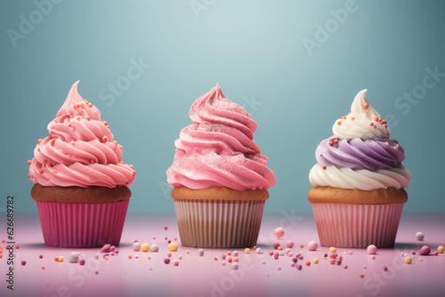Colorful cupcakes on a pastel background