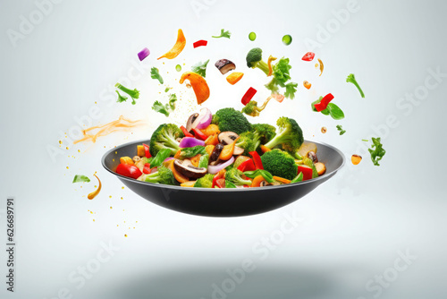 Frying pan with levitation stir fried vegetables. The concept of healthy eating