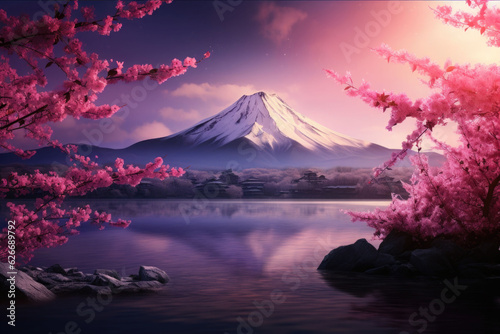 Fuji mountain view and cherry blossoms with reflection on the lake in spring © barmaleeva