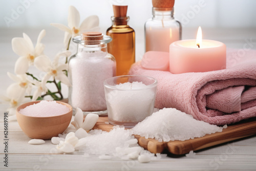 Beauty treatment items for spa procedures. Massage stones, essential oil and sea salt
