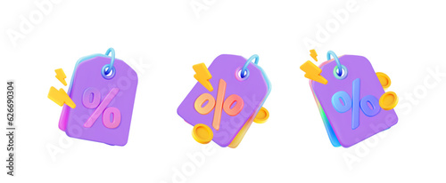Сlearance sale label with percent sign. Flash lightning price and with coins.  With a gradient effect. 3d vector illustration.