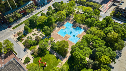 Aerial Freimann Square blue water fountain summer green trees at park downtown Fort Wayne