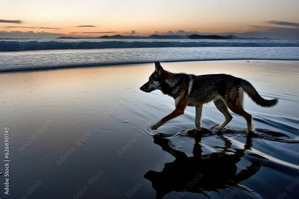 Dog Walking on the Beach at Sunset, Generative AI Dog Walking on the Beach at Sunset, Generative AI