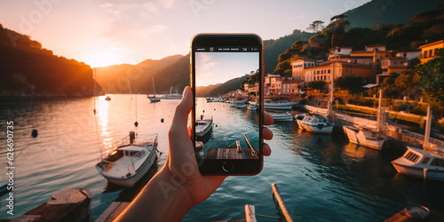 Fototapeta phone in man hand making photo of night city  in Italy portofino with phone cam