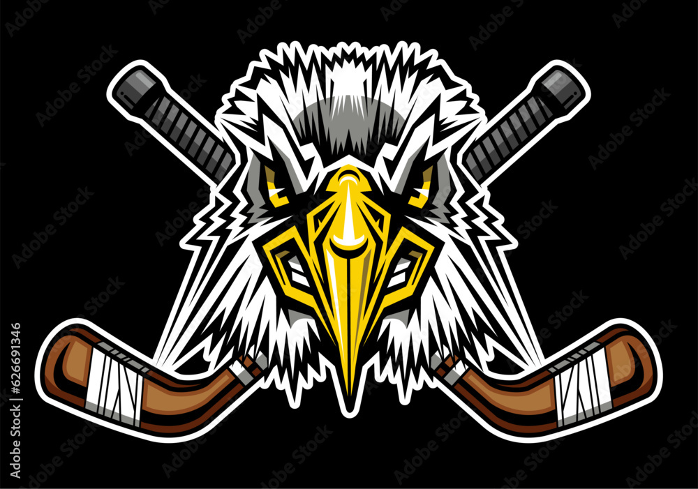 Naklejka premium mean eagle mascot with crossed hockey sticks for school, college or league sports