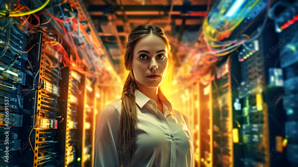 Caucasian woman in a data center, looking forward, surrounded by servers. Illustrates a professional female technician managing digital systems, providing innovative solutions for data and network man