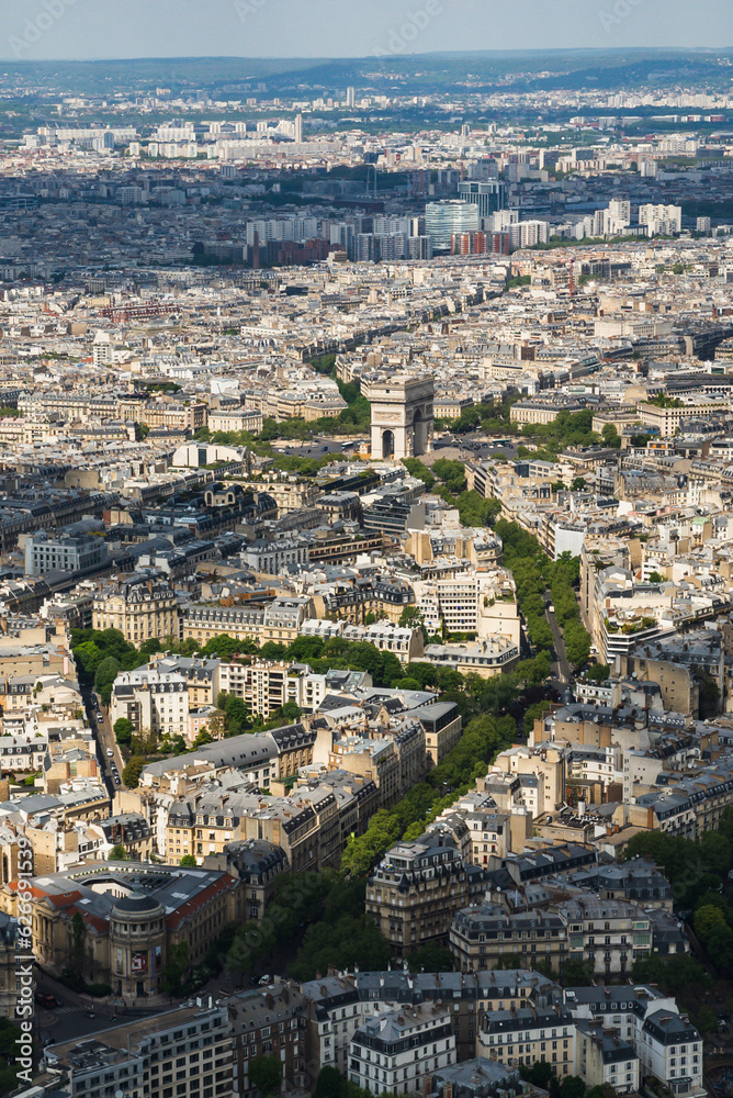 Paris, France. April 24, 2022: The Arc de Triomphe with a panoramic view of the city.