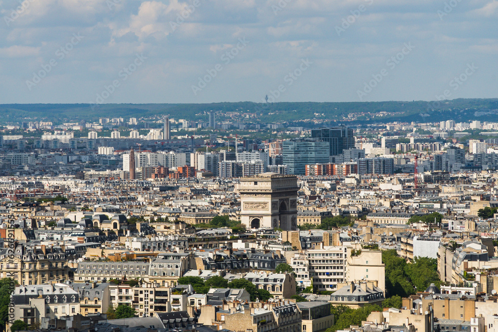 Paris, France. April 24, 2022: The Arc de Triomphe with a panoramic view of the city.