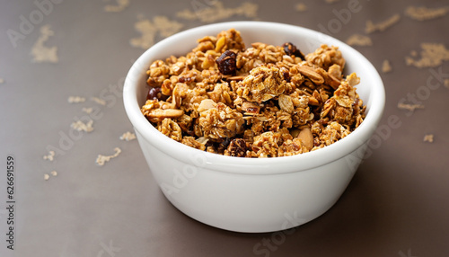 Peanut butter big cluster granola in white ramekin