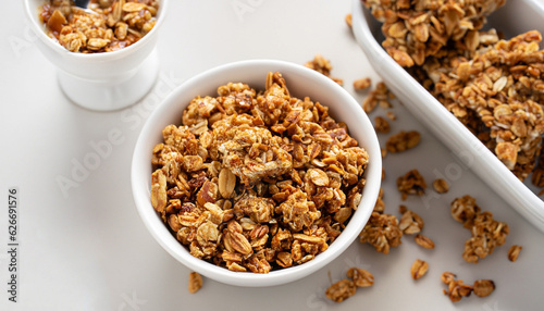 Canvas Print Peanut butter big cluster granola in white ramekin