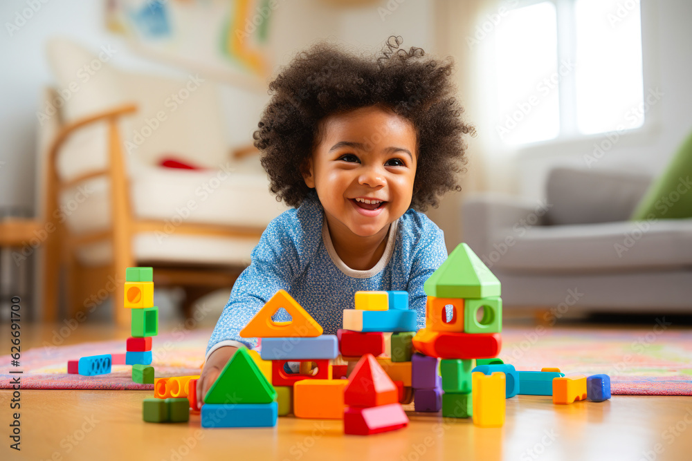 A lifestyle photograph of a young African American toddler playing with colorful wooden block toys - obrazy, fototapety, plakaty 