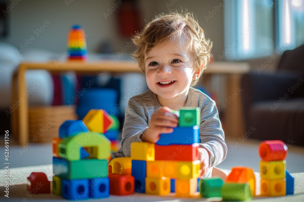 A lifestyle photograph of a young toddler playing with colorful wooden block toys