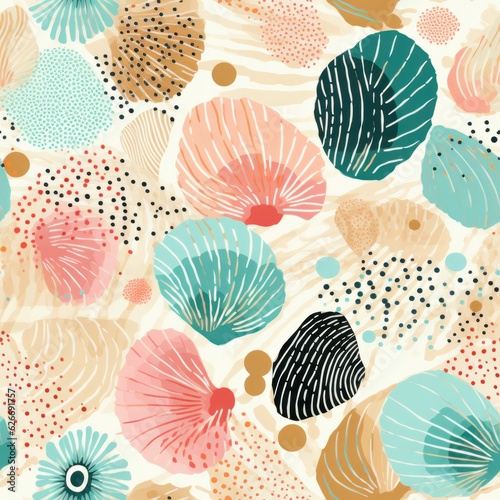 Seamless pattern of seashells in various sizes and shapes illustration.