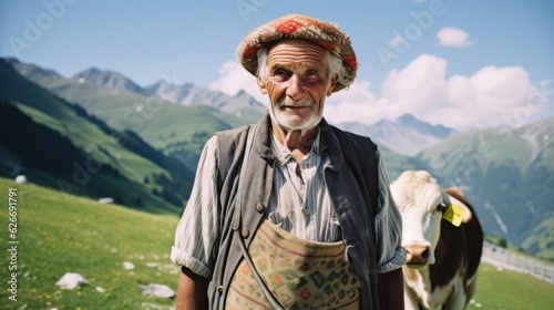 Canvas Print portrait of old swiss man in the alps wearing traditional swiss cultural clothing