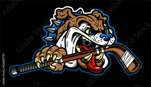 bulldog mascot holding hockey stick for school, college or league sports