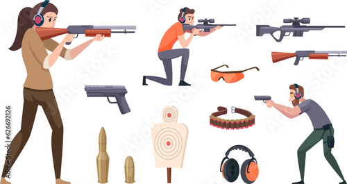 Shooting gallery. People holding weapons and shooting to goals exact vector gunnery range