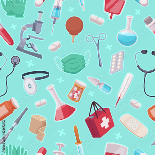 Medical pattern. Equipment of pharmaceutical industry exact vector healthcare seamless background