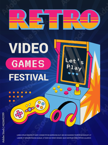Retro game poster. Vintage gaming gadgets party invitation placard in retro style recent vector template with place for text
