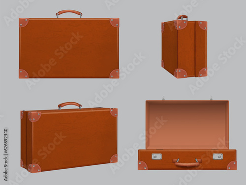 Travel baggage. Retro realistic suitcase different side and front views open and closed luggage decent vector pictures set