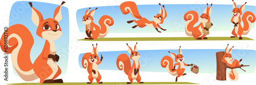 Squirrel. Forest animal in cartoon style action poses and funny emotions exact vector squirrel characters
