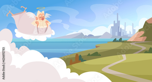 Holy sky. God or elderly angel sitting on cloud exact vector cartoon background