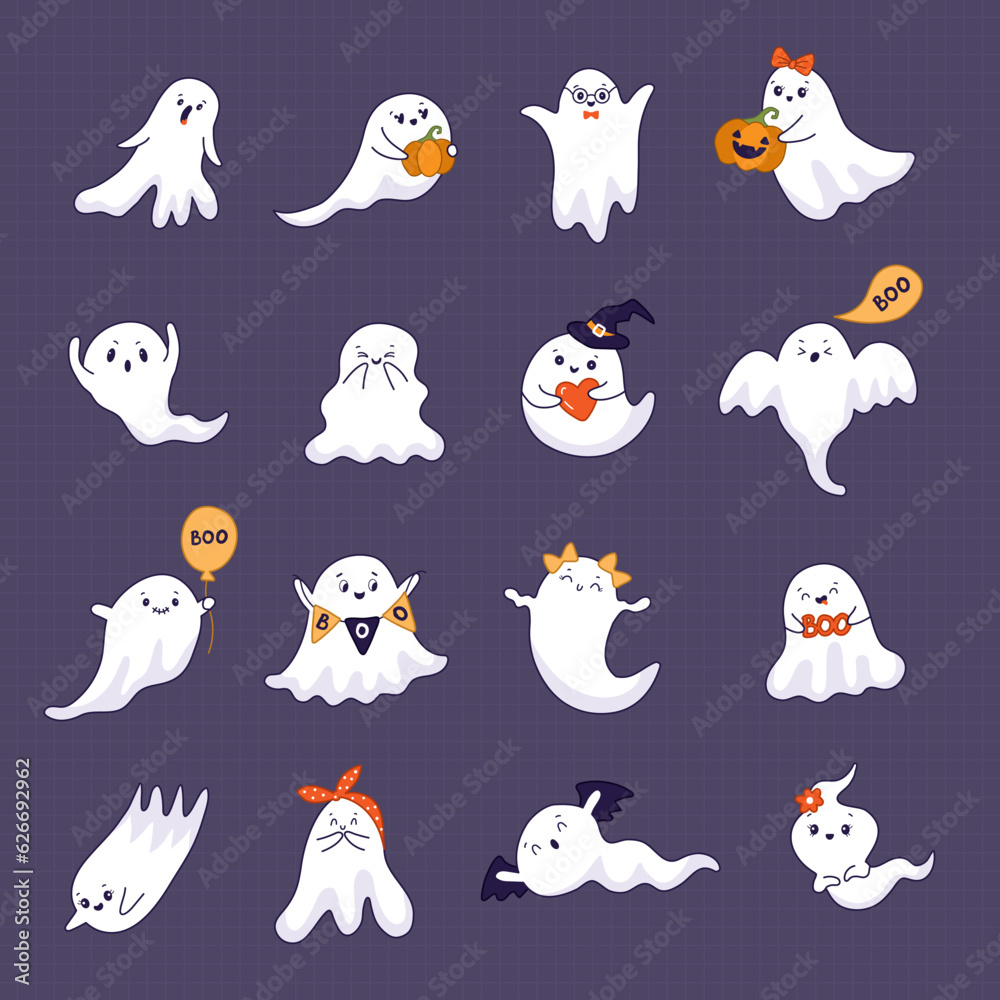 Happy ghosts. Cute little scary creepy ghosts with various emotions recent vector stylized illustrations for kids
