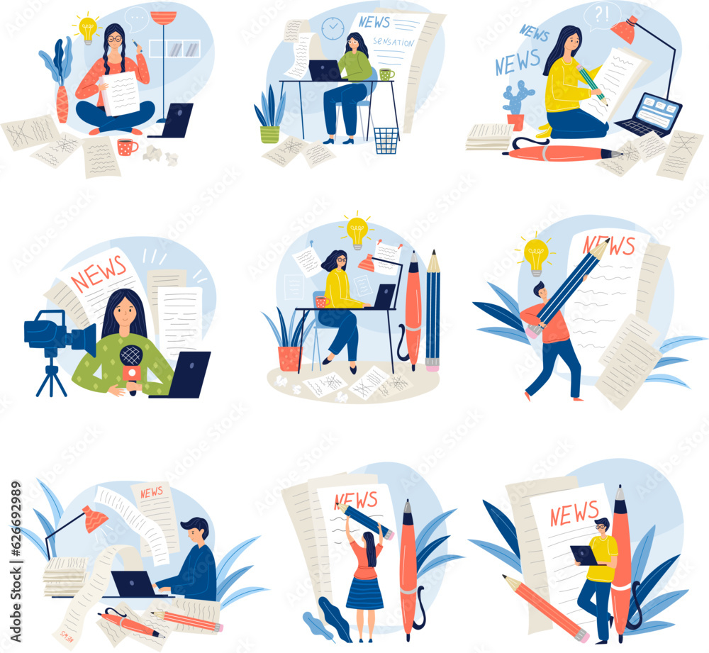 Fototapeta premium Writer working. Journalism copywriting blogging professions recent vector illustrations isolated