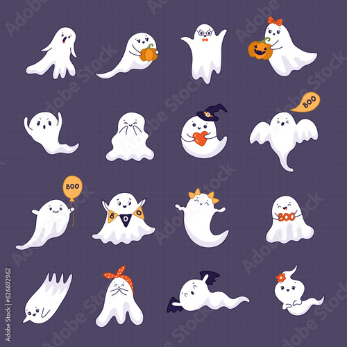 Happy ghosts. Cute little scary creepy ghosts with various emotions recent vector stylized illustrations for kids