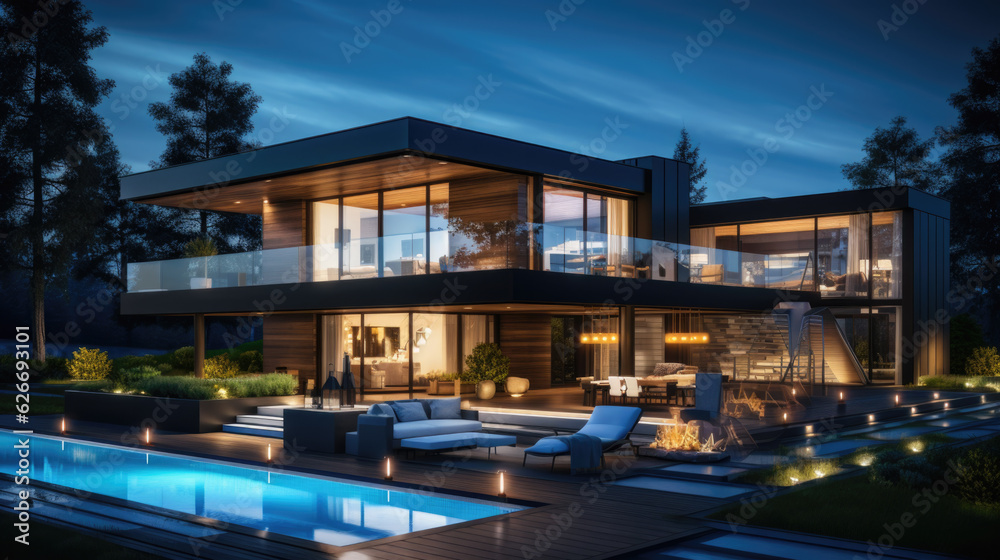 modern expensive luxury villa with a pool in front at dusk night. Generative AI