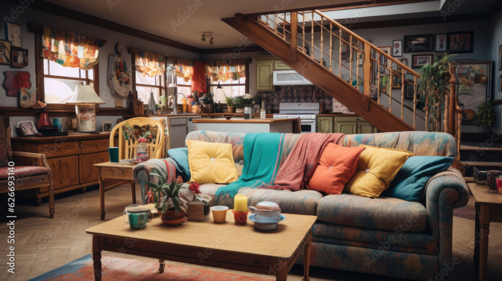 a student living room from the 90s, comfortably furnished. Generative AI a student living room from the 90s, comfortably furnished. Generative AI