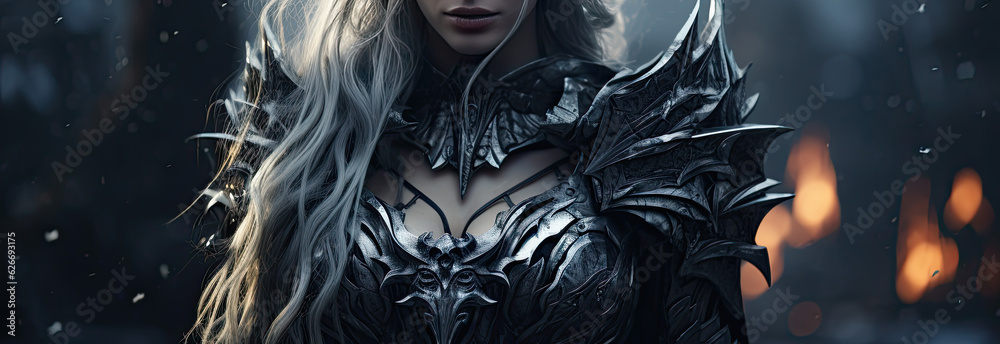 a woman from a fairy tale with white hair and fantasy armor. Generative AI