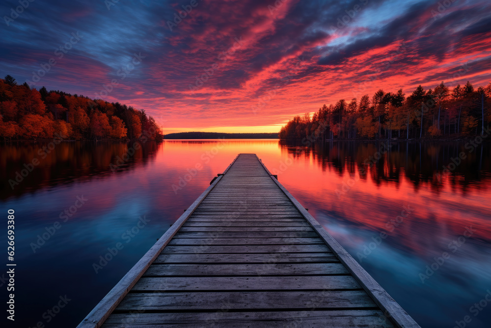A wooden dock on a lake at sunset. The dock extends from the foreground to the horizon, and the sky is a deep red and orange color with wispy clouds