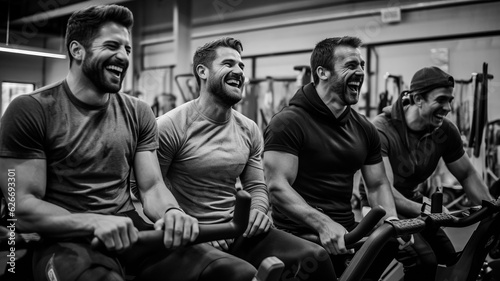Four fun loving guys in a fitness studio laughing together  while working out men showing their muscles while at the gym