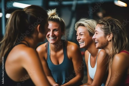 Four attractive women in fitness wear laughing together after a workout happy women showing muscles while at a fitness studio