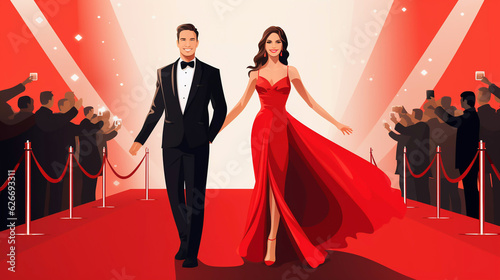 Illustration of a good looking young celebrity couple walking the red carpet posing for fans and photographers arriving for the premiere of their latest film