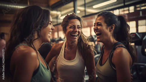 Three attractive women in a fitness studio laughing together  after a workout happy women friends showing their muscles while at the gym