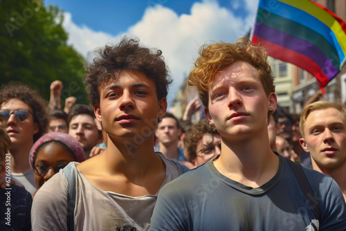 Two good looking young guys at a pride march LGBTQ diversity and community concept