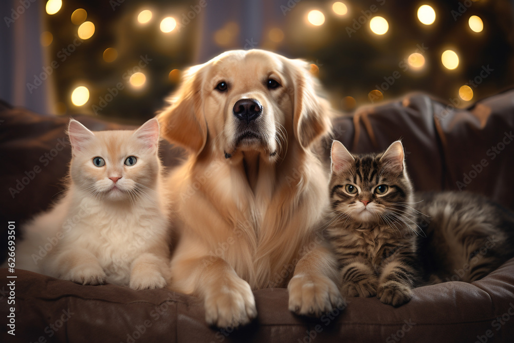 A dog and a cat on the sofa, bokeh, soft lighting with christmas lights. Generative AI. A dog and a cat on the sofa, bokeh, soft lighting with christmas lights. Generative AI.