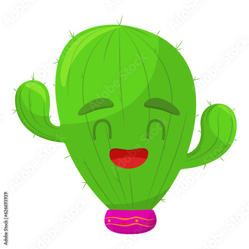 Cheerful kind cactus in a flower pot with an ornament in a flat style