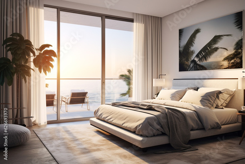 Interior design a bedroom interiors 3d renderings, in the style of light gold and dark amber, coastal scenery. Generative AI.