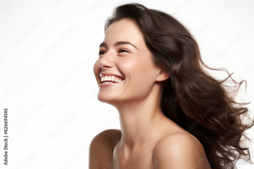 a professional portrait studio photo of a beautiful young white american woman model with perfect clean teeth laughing and smiling. isolated on white background. for ads and web design. Generative AI a professional portrait studio photo of a beautiful young white american woman model with perfect clean teeth laughing and smiling. isolated on white background. for ads and web design. Generative AI