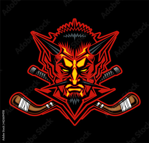 devil mascot with crossed hockey sticks for school, college or league sports